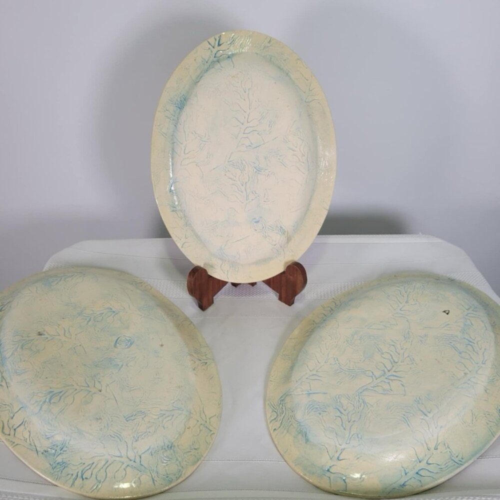 Handmade Ceramic Sgraffito Plates Oregon PNW Artisan Pottery  Set Of 3 Stamped - Picture 7 of 10